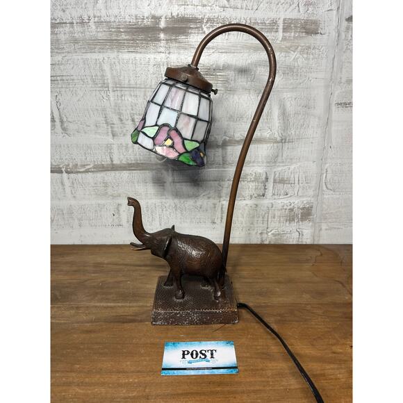 Stained Slag Glass Tulip Gooseneck Elephant Desk Lamp - Picture 1 of 7